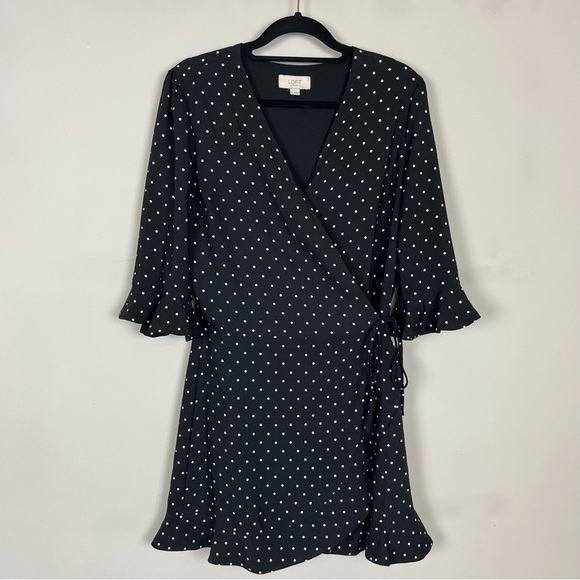 LOFT WRAP POLKA DOT MINI DRESS ROMPER WITH SLEEVES BLACK AND WHITE SIZE 2 - Picture 3 of 16